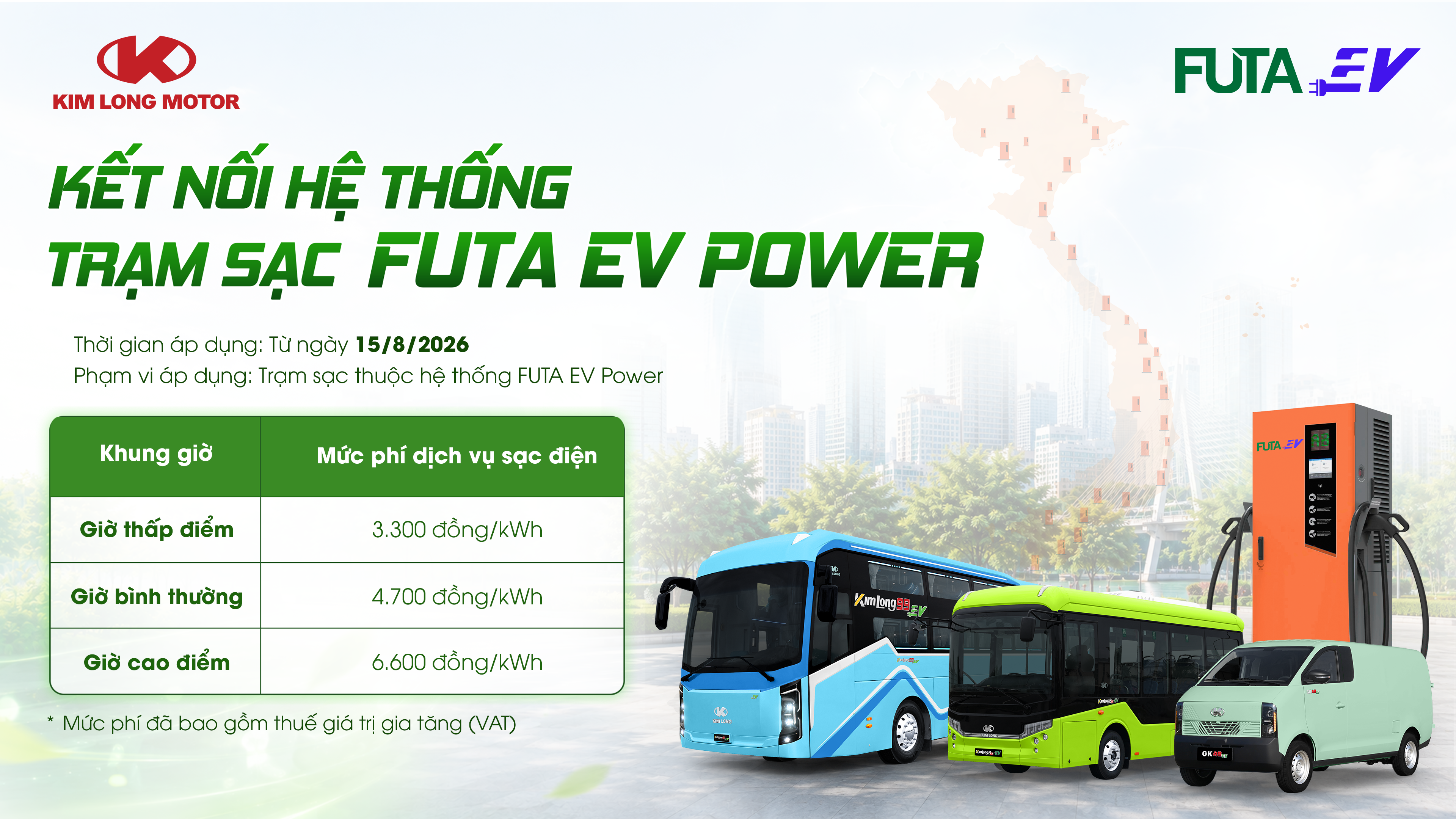 KIM LONG MOTOR KẾT NỐI HỆ THỐNG TRẠM SẠC FUTA EV POWER